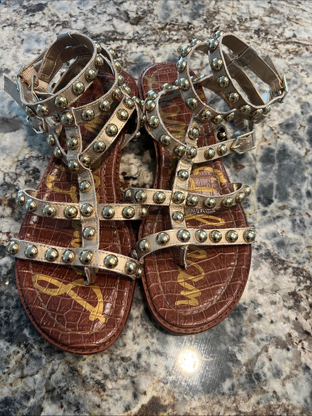 Sam Edelman Gold Studded T-Strap Gladiator Sandals